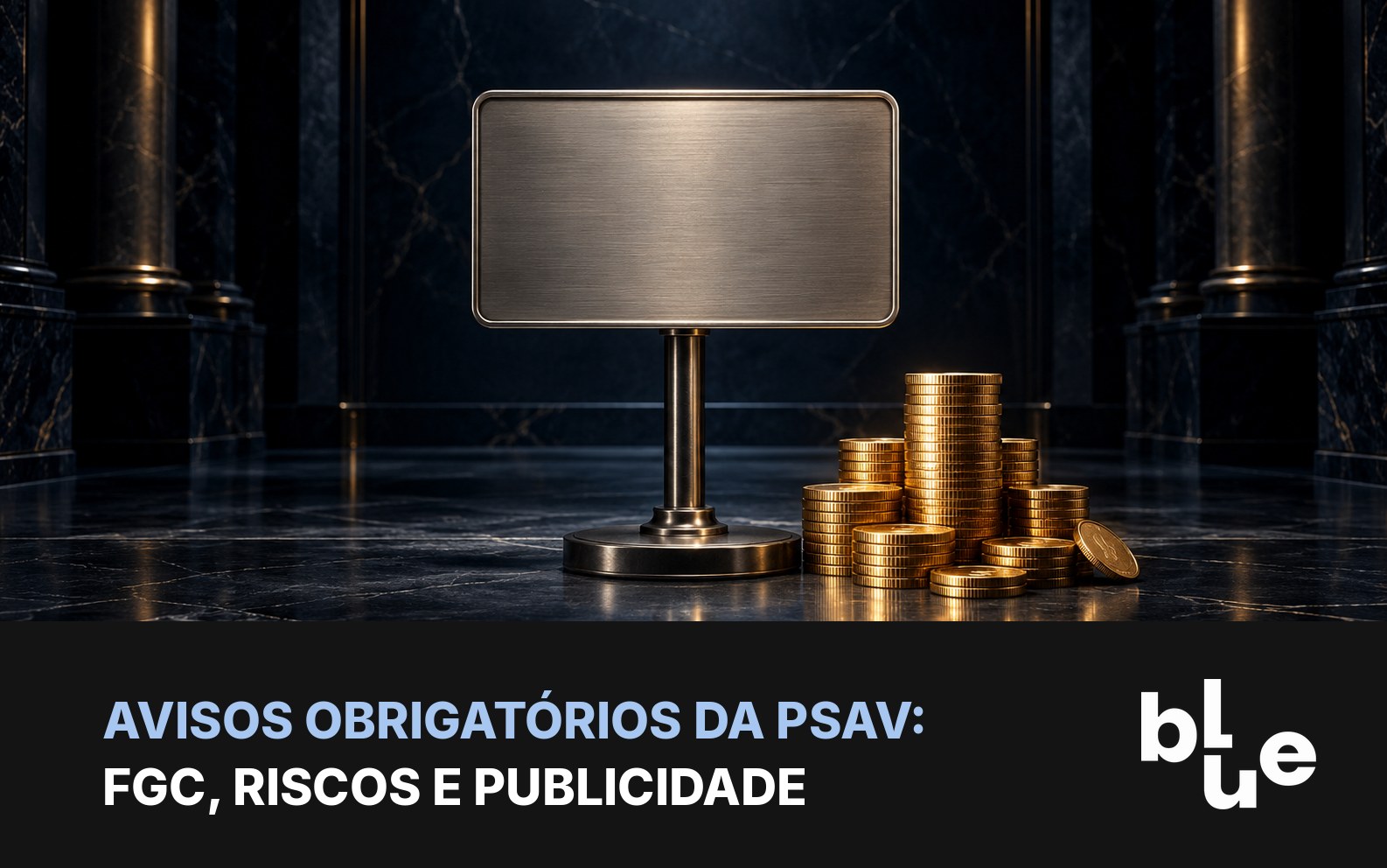 Placa de aviso em branco num pedestal ao lado de moedas douradas em saguão de mármore: avisos ao cliente