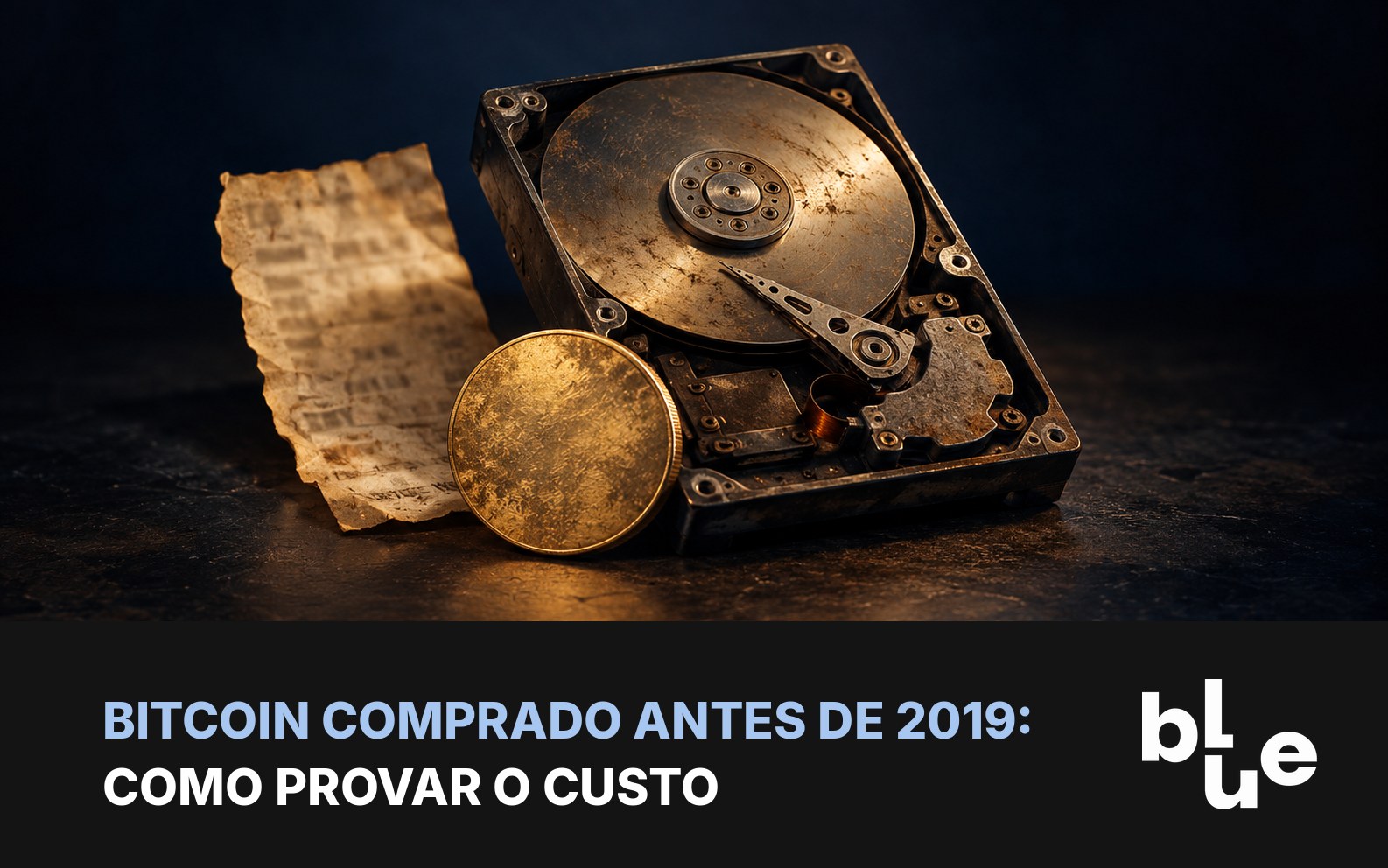 Recibo antigo amarelado, disco rígido e moeda de bitcoin envelhecida: prova de custo antigo