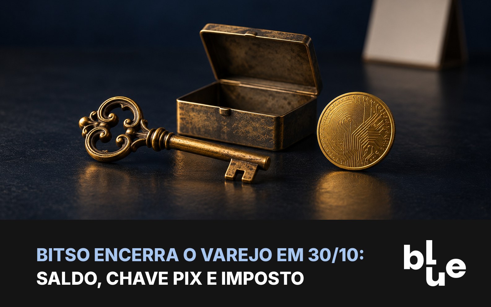 Chave dourada antiga ao lado de caixa de metal vazia e moeda de bitcoin: fim do varejo da Bitso