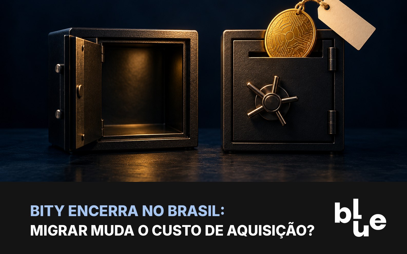 Dois cofres de metal, um vazio e outro recebendo moeda dourada com etiqueta: migração de saldo entre corretoras