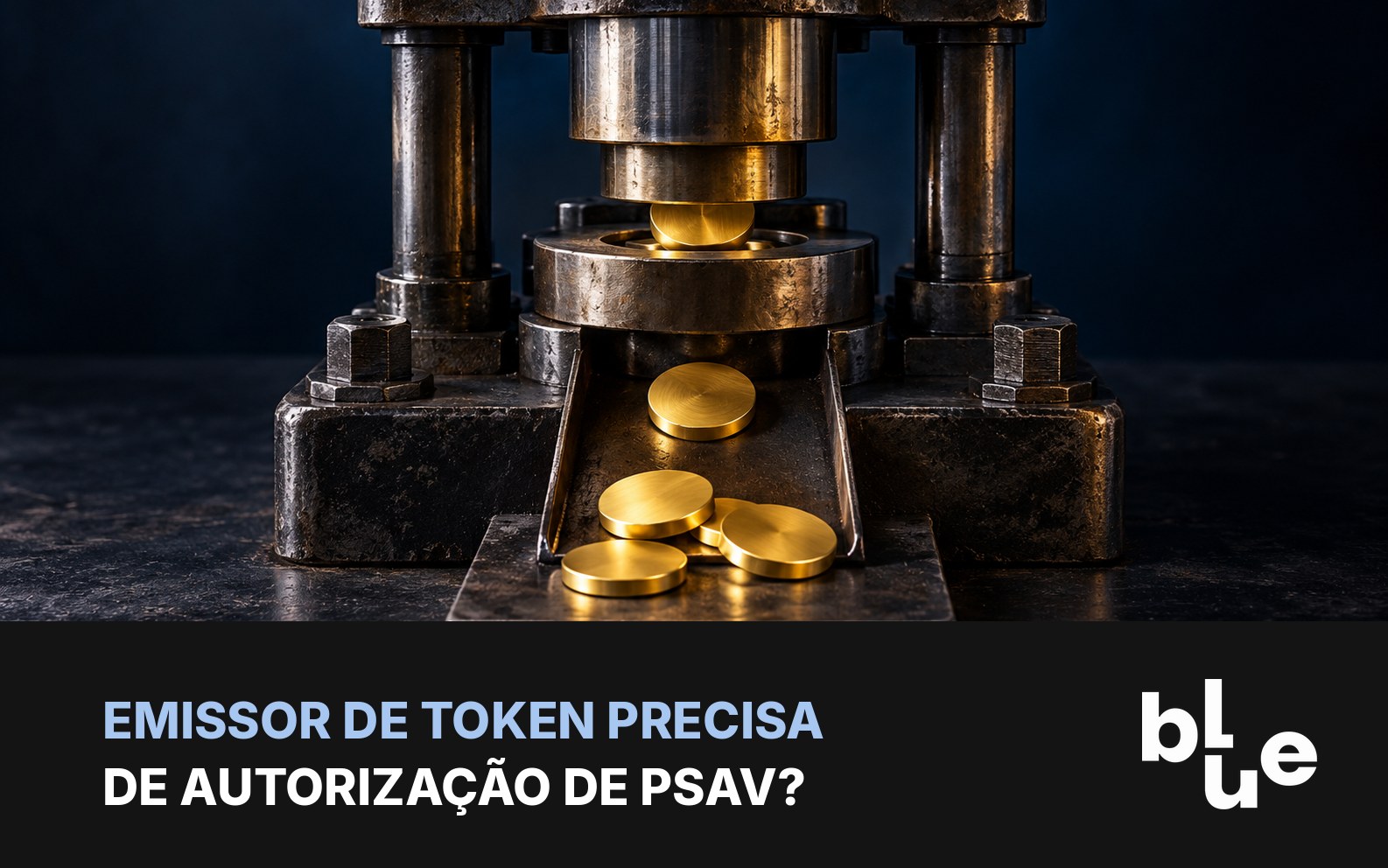Prensa de cunhagem produzindo fichas douradas lisas: emissão de tokens