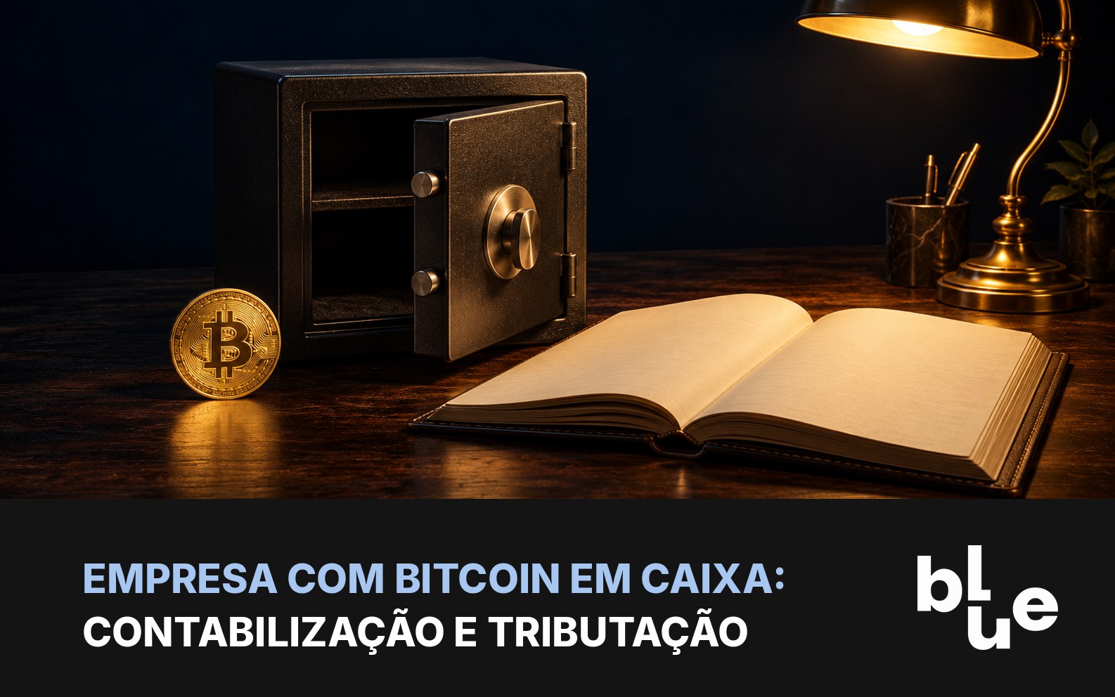 Pequena caixa-forte aberta com bitcoin dourado ao lado de livro razão: bitcoin no balanço da empresa