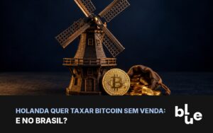 Moinho holandês em miniatura ao lado de moeda de bitcoin e saco de moedas: imposto sobre ganho não realizado na Holanda