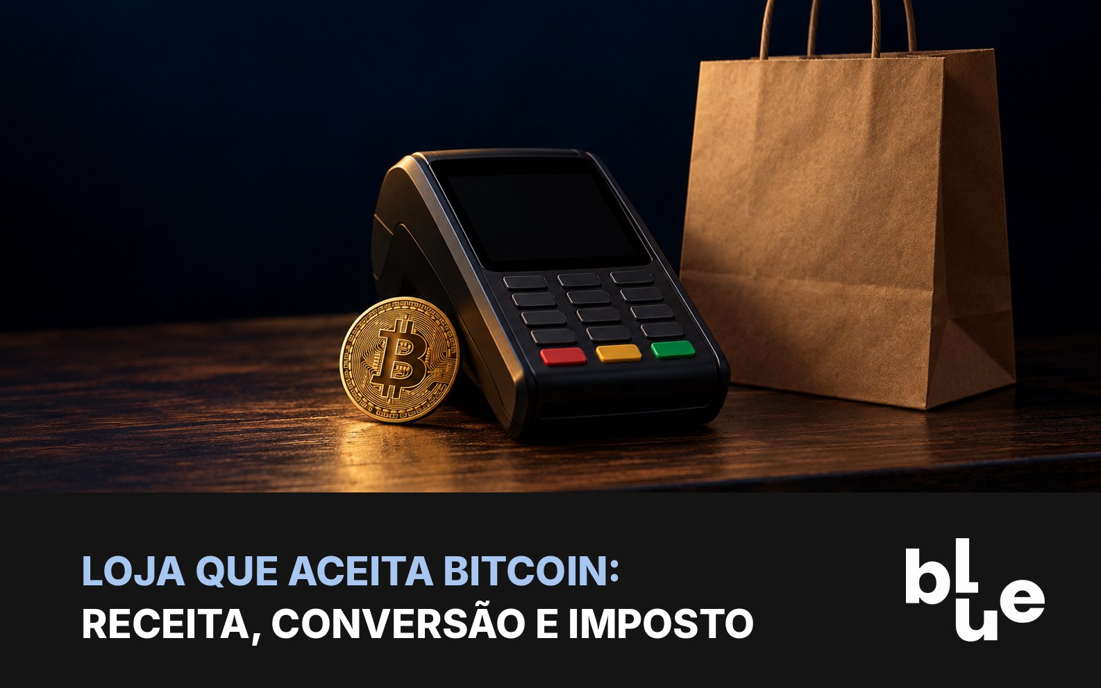 Balcão de loja com máquina de cartão apagada e moeda de bitcoin no lugar do pagamento: venda recebida em cripto