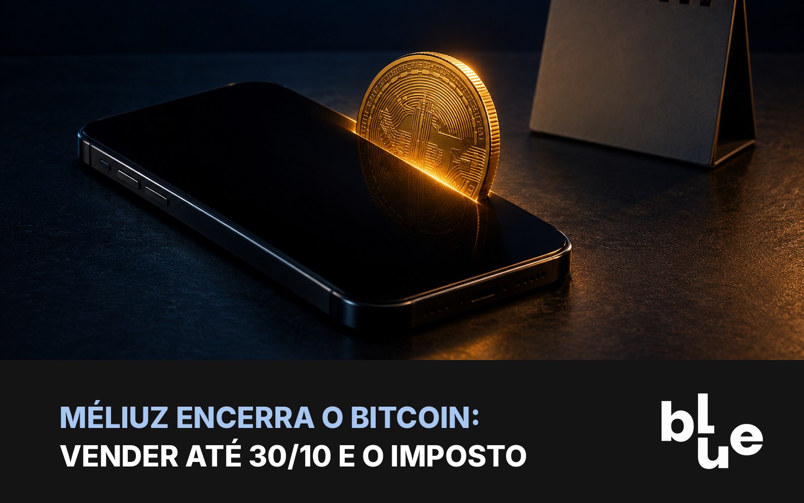 Smartphone escuro com moeda de bitcoin dourada saindo da tela ao lado de calendário: fim do bitcoin no app