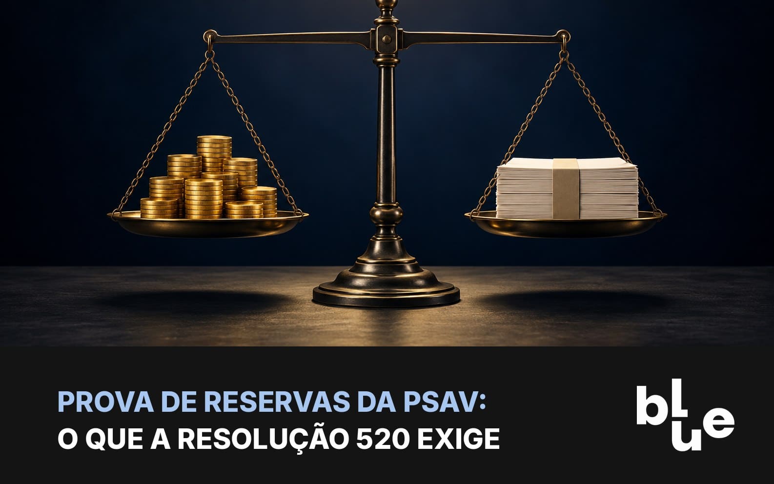 Balança de precisão com moedas douradas num prato e documentos lacrados no outro: prova de reservas