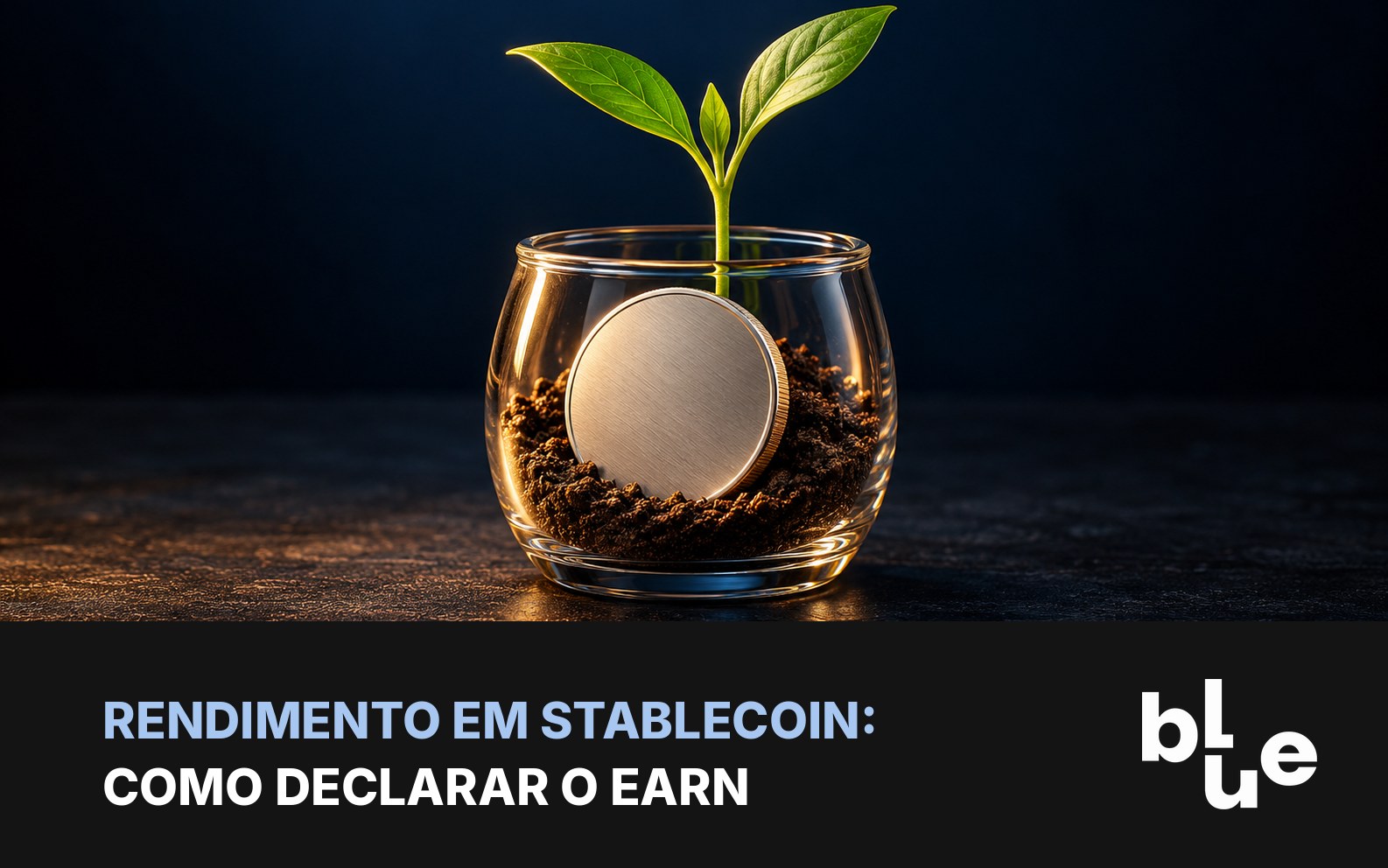 Moeda prateada dentro de vaso de vidro com broto verde: rendimento de stablecoin