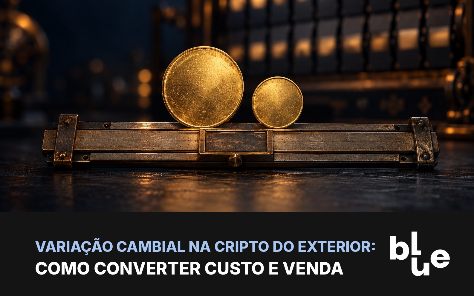 Duas moedas douradas sobre régua de cálculo antiga com painel de câmbio ao fundo: conversão em reais